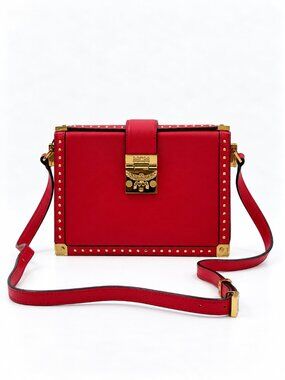 MCM Red Studded Leather Box Crossbody Bag Gold Hardware Shoulder Bag
